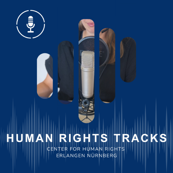 Human Rights Tracks Podcast cover, microphone in front of woman