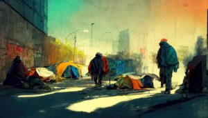 Poverty and homelessness digital illustration, computer-generated to show wealth inequality and the reality of being poor. Generated with AI. Adobe Stock 535683679.